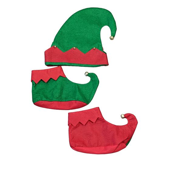 Christmas Elf Outfit Hat Shoes Jingle Bells Felt‎ One Size Green Red Holiday Fun - Picture 2 of 8